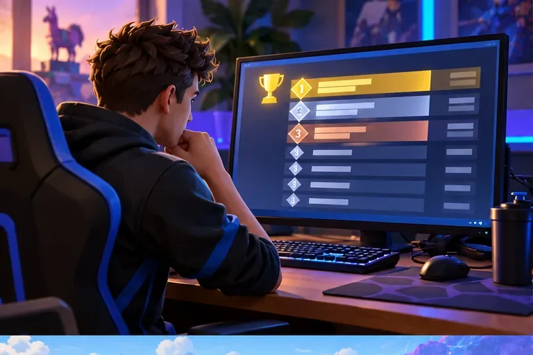 A player looks at a stylized tournament leaderboard before checking their Fortnite Power Ranking.
