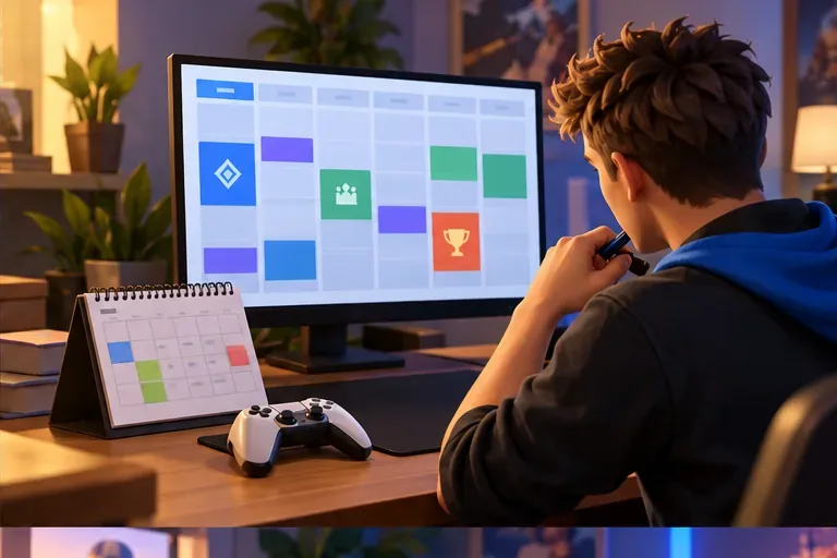 A player compares an event calendar with a tournament schedule on a monitor before choosing a Fortnite competition.