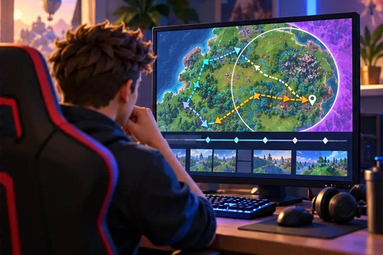 A player studies a match replay map with several rotation paths after a Fortnite tournament.