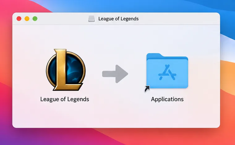 Janela de imagem de disco do macOS mostrando o aplicativo League of Legends sendo arrastado para a pasta Aplicativos.