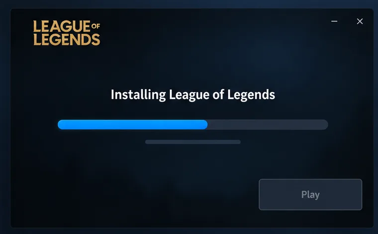 Iniciador do League of Legends com uma barra de progresso de instalação e um botão Jogar desativado.