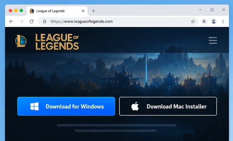 Página oficial de download do League of Legends mostrando botões de instalação separados para Windows e Mac.