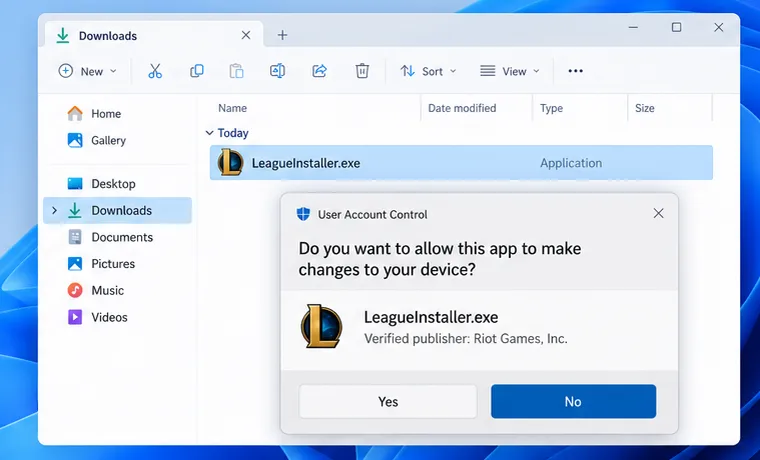 Pasta de Downloads do Windows com o instalador do League of Legends selecionado e uma solicitação de Controle de Conta de Usuário da Riot Games.
