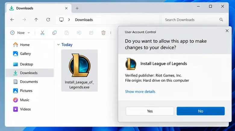 Pasta Downloads do Windows com um instalador do League of Legends e uma caixa de diálogo de confirmação do Controle de Conta de Usuário.