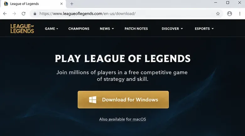 Página de download do League of Legends exibindo o botão dourado "Download para Windows" em um navegador de desktop.