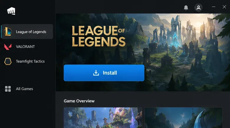 O cliente Riot exibe a página do jogo League of Legends e um botão azul de instalação em destaque.