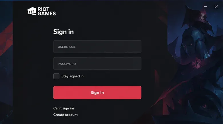 Janela de login da Dark Riot Games com campos para nome de usuário e senha e um botão "Entrar".