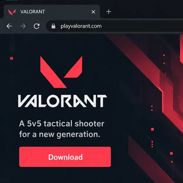 VALORANT download page open at playvalorant.com with a prominent Download button