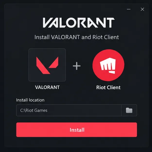 VALORANT and Riot Client installer with an install-location field and Install button