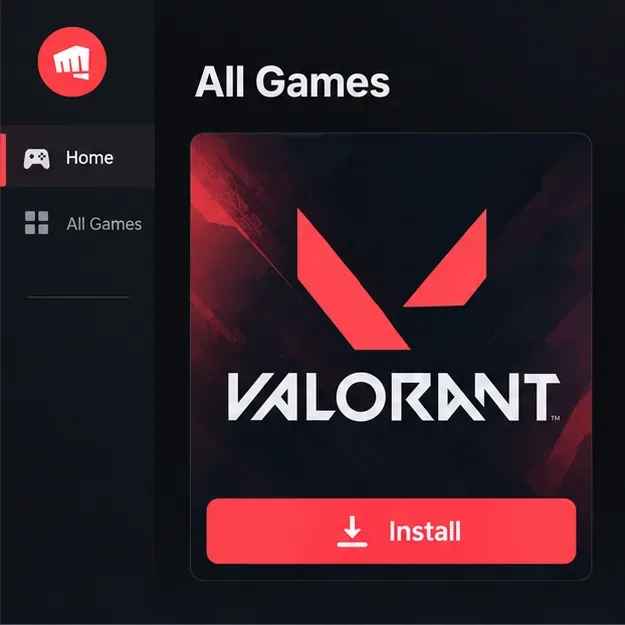 VALORANT tile in a Riot Client-style game library with an Install button