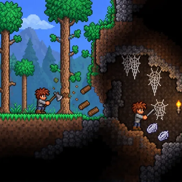 A Terraria-style adventurer chops a tree for wood and gathers cobwebs in an underground cave.