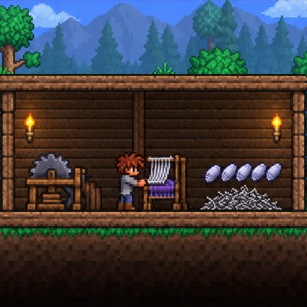 A Terraria-style Loom stands beside a Sawmill as five Silk bundles and a pile of Cobwebs are shown.