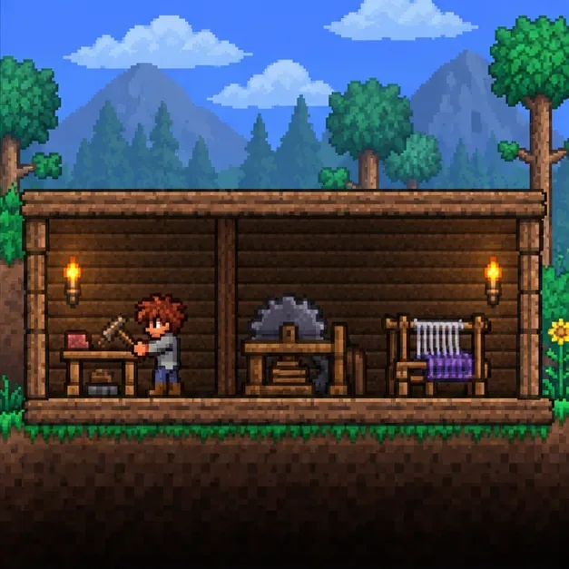 A small Terraria-style workshop shows a Work Bench, Sawmill, and Loom placed side by side.