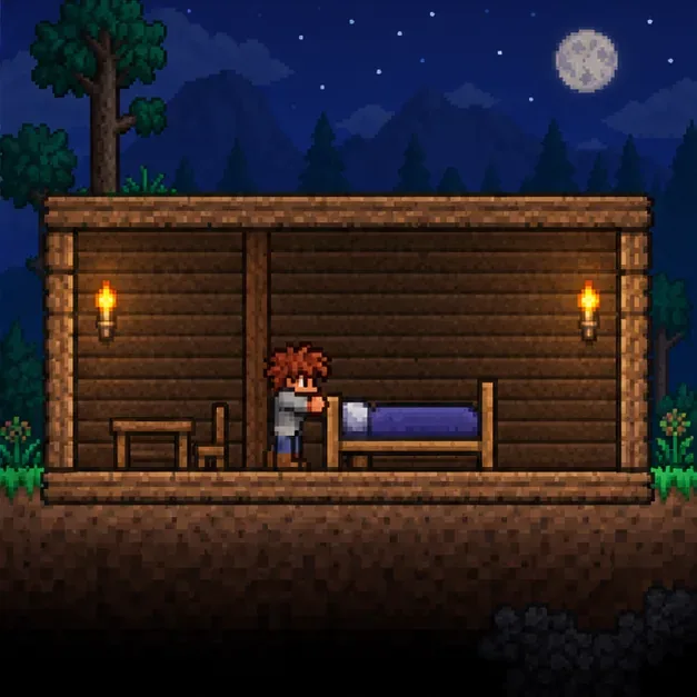 A Terraria-style Bed sits in an enclosed wooden room with clear space above it for spawn and sleep interactions.