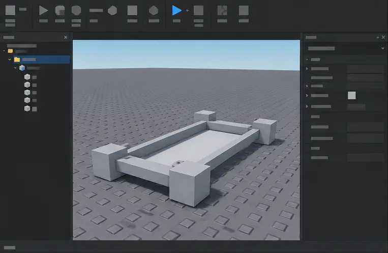 โครงตัวถังรถทรงสี่เหลี่ยมผืนผ้า วางอยู่ตรงกลางแผ่นฐานของ Roblox Studio พร้อมสำหรับการติดตั้งล้อ
