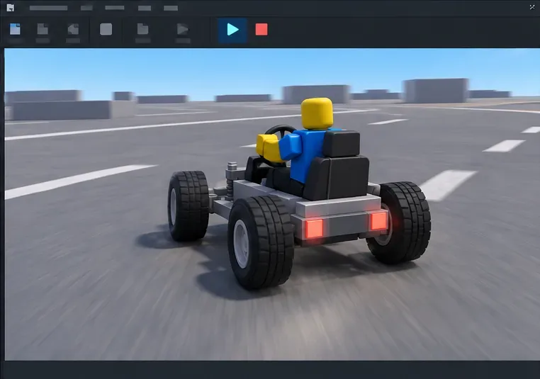 รถยนต์ Roblox สี่ล้อที่สร้างจากบล็อก บรรทุกตัวละครอวาตาร์ที่นั่งอยู่ ระหว่างการทดสอบการเล่นบนสนามแข่งทางเรียบ