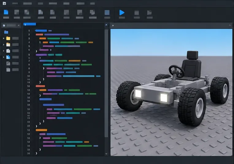 โปรแกรมแก้ไขสคริปต์สไตล์ Roblox Studio อยู่ข้างๆ โมเดลรถที่สร้างเสร็จแล้วในวิวพอร์ต