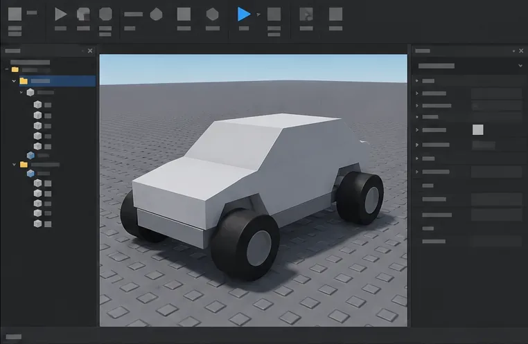 ตัวถังรถแบบเรียบง่ายสไตล์ Roblox ที่มีล้อทรงกระบอกสี่ล้อติดตั้งอยู่ที่มุมทั้งสี่ของแชสซี