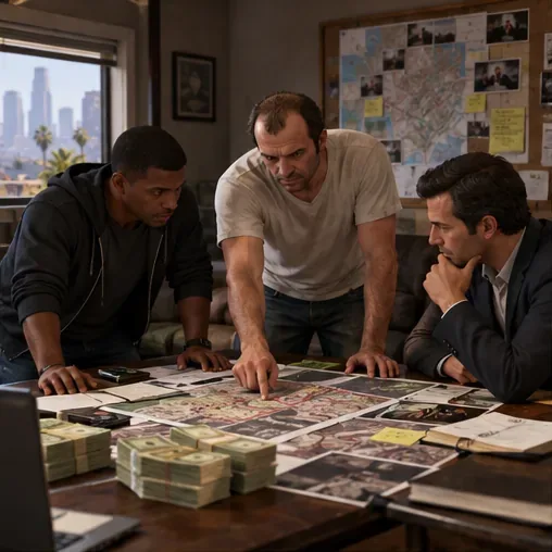 Three crew members study a map and heist plan around a table