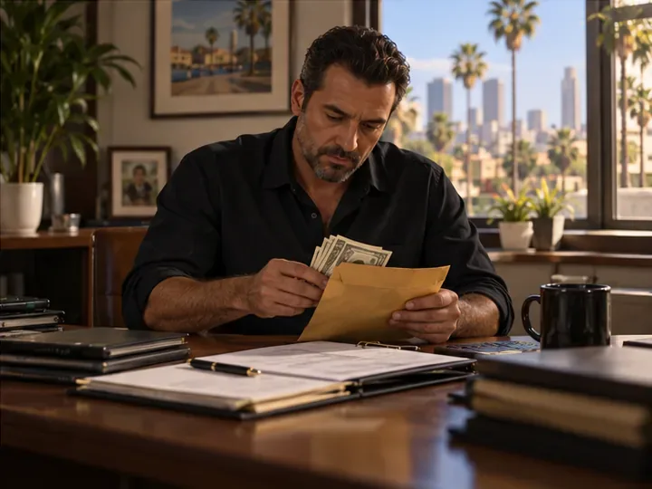 A small-business owner reviews a cash envelope and paperwork at a desk