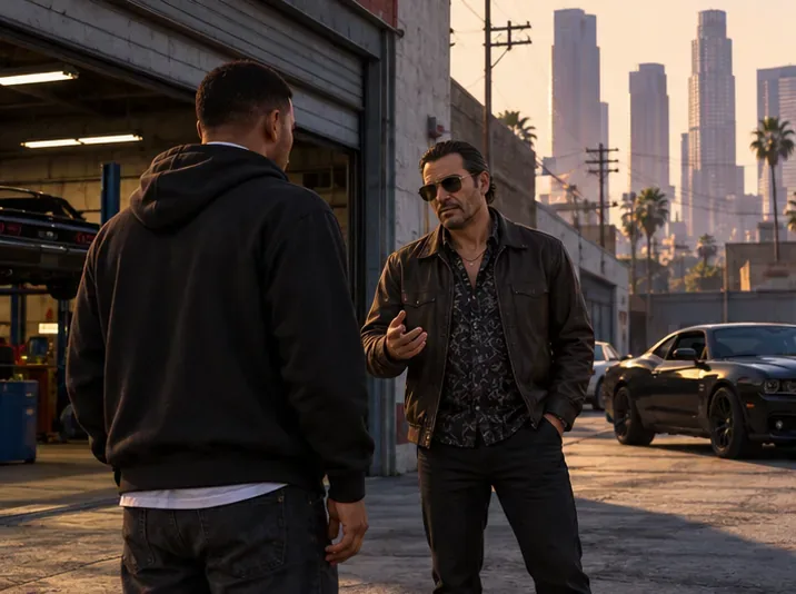 A protagonist meets a contact outside a city garage before starting a story mission