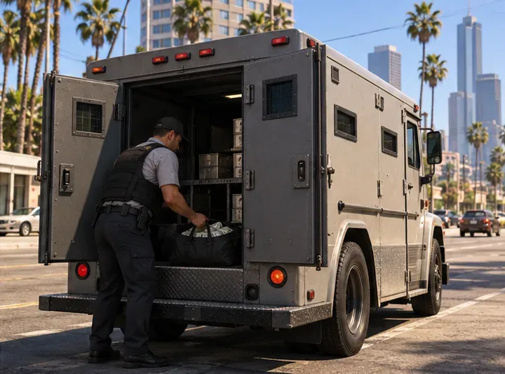 An armored cash van stands on a city street with its rear doors open and a cash bag inside