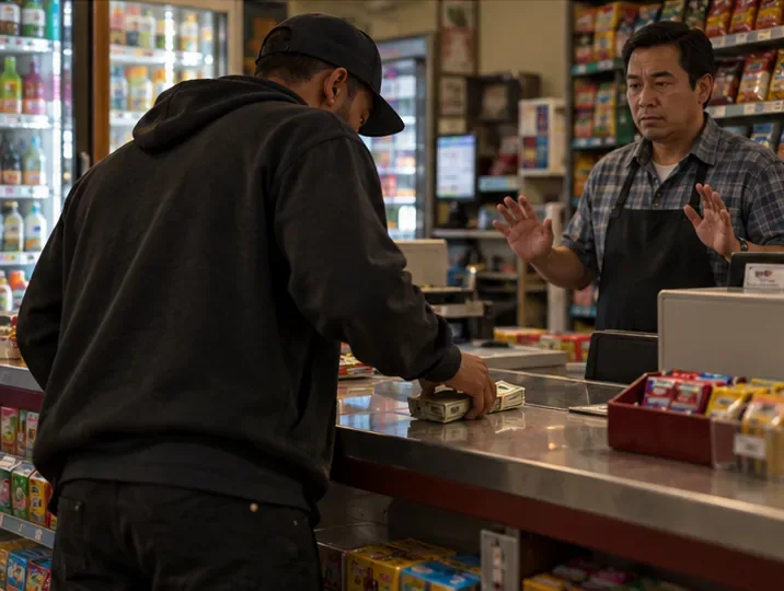 A character takes a small stack of cash from a convenience-store counter while the clerk steps back