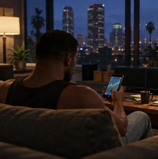 A player checks a stock chart on a phone before an in-game investment
