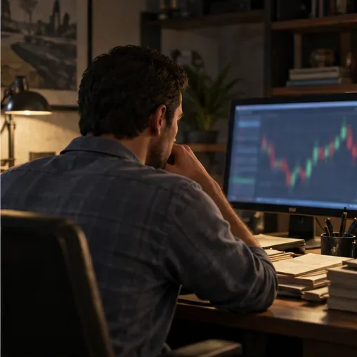 A player watches a market chart on a desktop screen after a mission