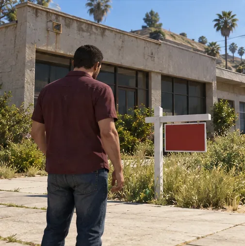 A protagonist reads a real-estate sign outside a small business property