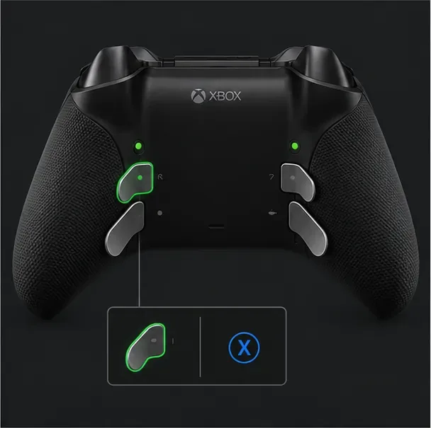 Rear view of an Elite Series 2 with one paddle selected and assigned to the X button.