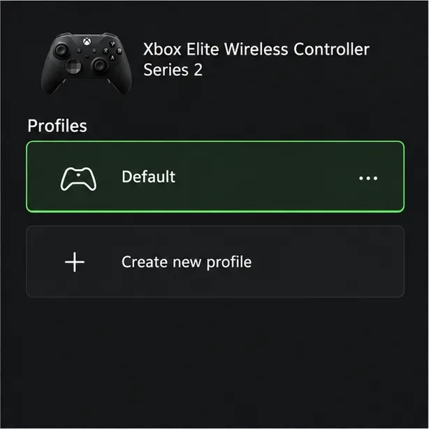 Xbox Accessories profile list showing the default profile and an option to create a new profile.