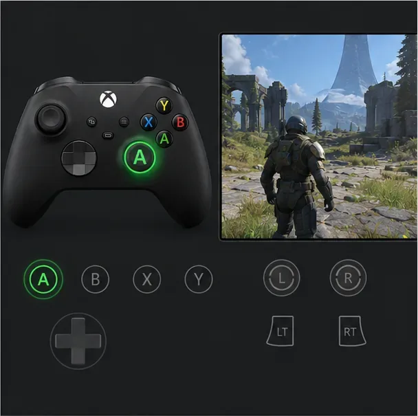 Controller test view with the A input highlighted beside a generic game practice scene.