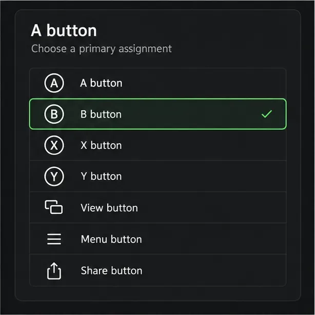 Primary assignment menu with B selected as the new function for the A button.