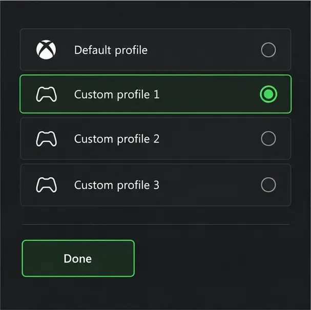 Profile list showing the default configuration, three custom profile slots, and a Done button.