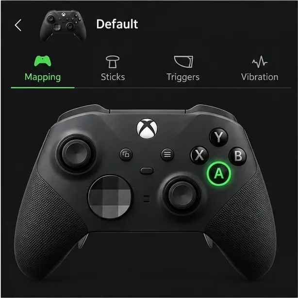 Xbox Elite Series 2 controller diagram with the Mapping tab open and the A button highlighted.