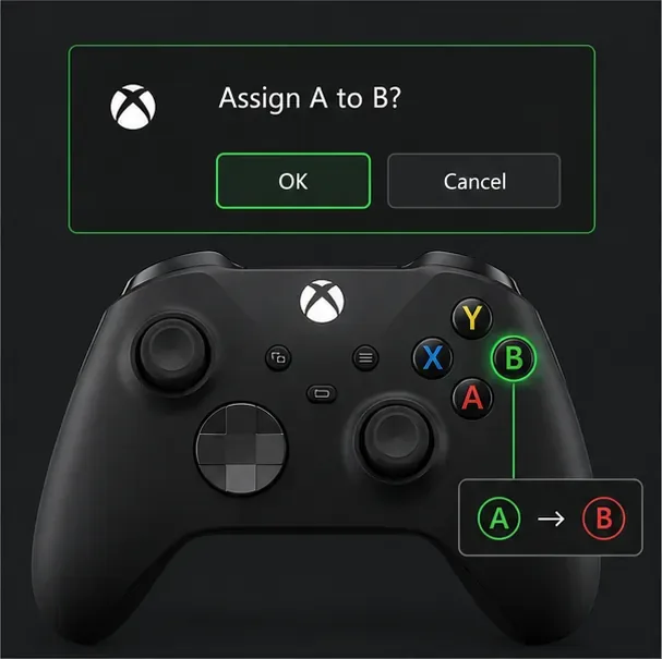 Confirmation screen showing an A-to-B assignment change and the remapped controller diagram.