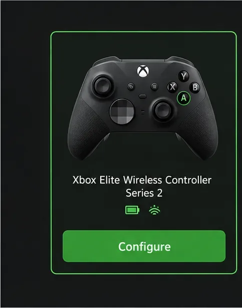 Xbox Accessories controller card with a Configure button beneath an Xbox Elite Series 2 controller.
