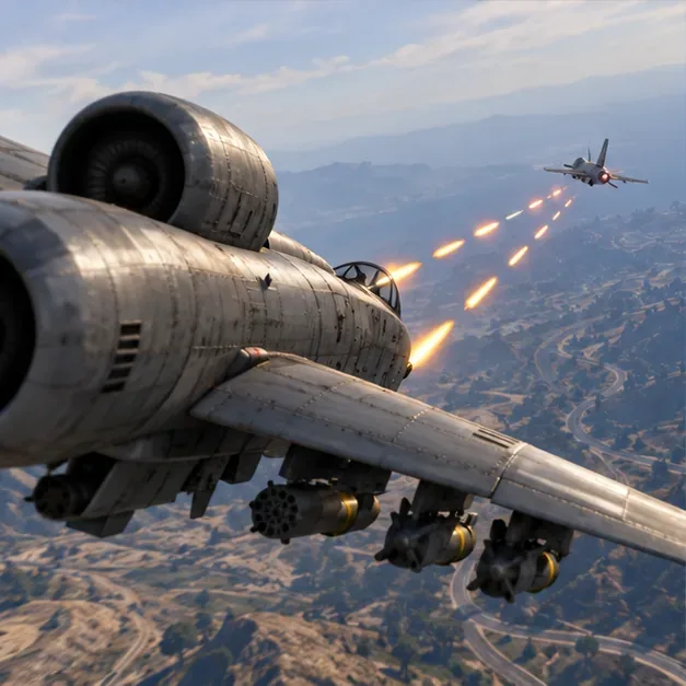 A B-11 Strikeforce firing its forward cannon ahead of a rival jet during an attack pass.