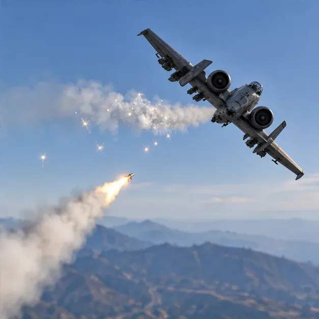 A B-11 Strikeforce breaking away from an incoming missile while releasing a chaff cloud.
