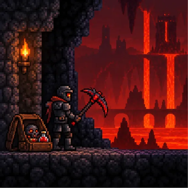 Terraria-style miner holding a pickaxe beside a pack with an Obsidian Skull and potions