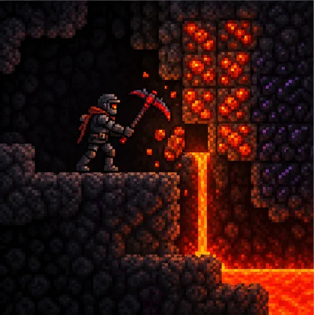 A miner breaks a bright Hellstone vein from the side as fresh lava flows down and away