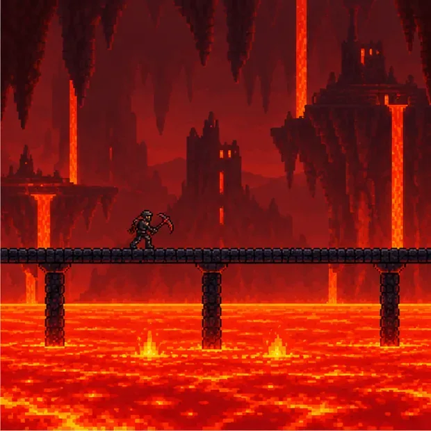 A level block walkway crossing above a glowing lava lake in Terraria's Underworld