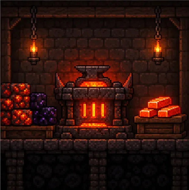 A glowing Hellforge beside Hellstone ore, Obsidian, and finished Hellstone Bars