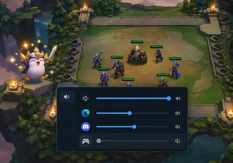 TFT-style match board and Tactician animation remain visible behind an illustrative Windows Volume mixer with the game app muted.