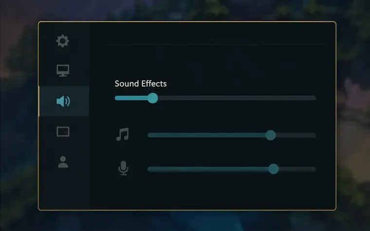 Illustrative game settings panel with a Sound Effects slider lowered and other unlabeled audio sliders.
