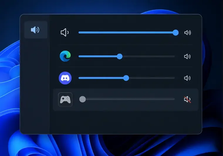 Illustrative Windows 11-style Volume mixer with several app sliders and one game app row muted at zero.