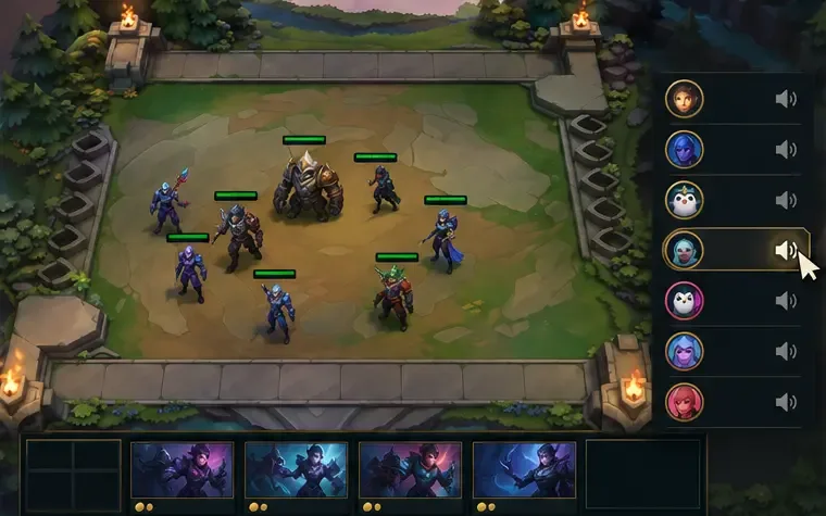 TFT-style match board with a vertical player list and a cursor beside one row's speaker icon.
