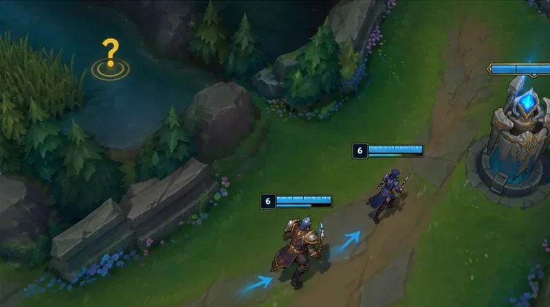 Two allied champions move toward their turret while a question-mark warning marks the river entrance