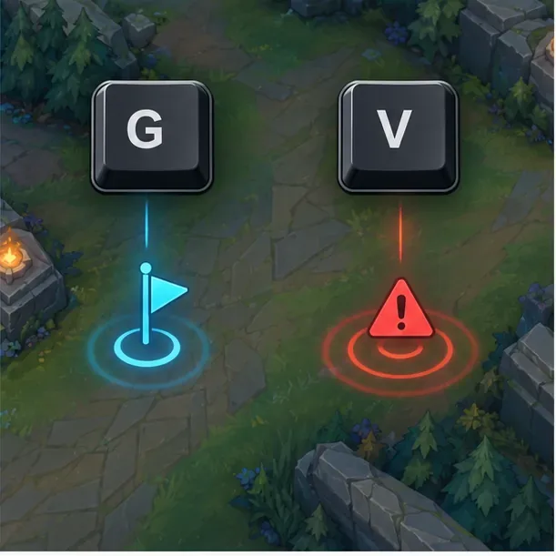 Duas teclas de teclado marcadas com G e V acima de uma bandeira azul e um marcador de alerta vermelho em um mapa do jogo.